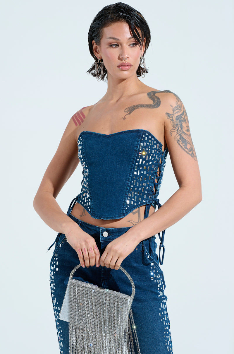 ROCKSTAR DENIM RHINESTONE CORSET TOP