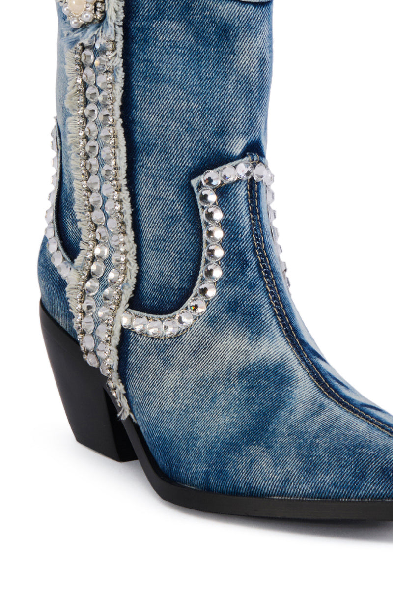 AZALEA WANG YANNIC DENIM RHINESTONE WESTERN BOOTIE