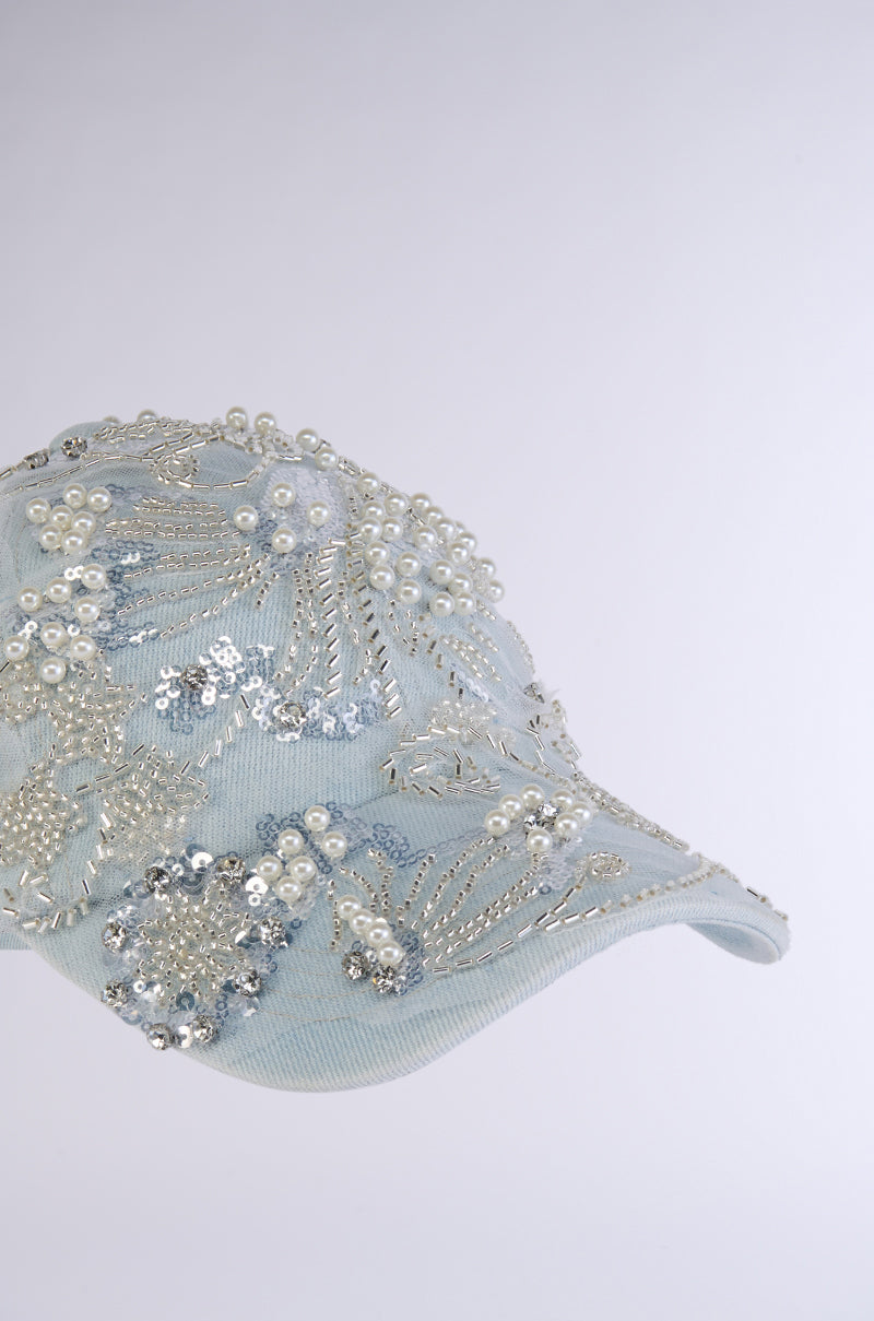 BLESSING IN DENIM EMBELLISHED BASEBALL HAT