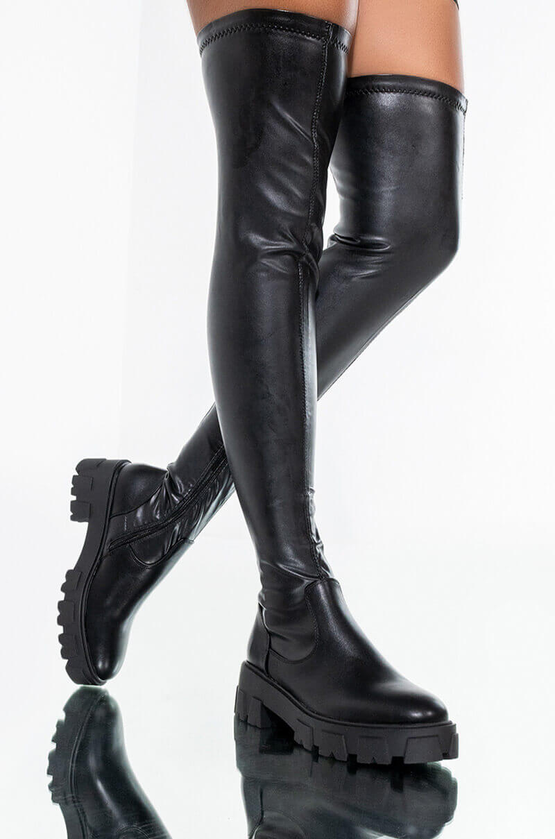 AZALEA WANG LATE NIGHTS OVER THE KNEE FLATFORM BOOT WITH 4 WAY STRETCH IN BLACK