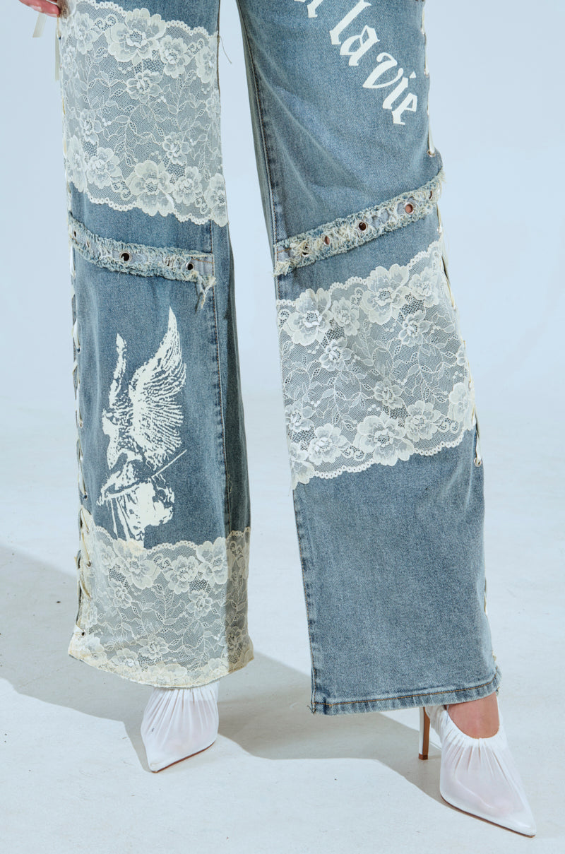 FEMME FATALE PRINTED AND LACE UP DETAIL DENIM JEANS