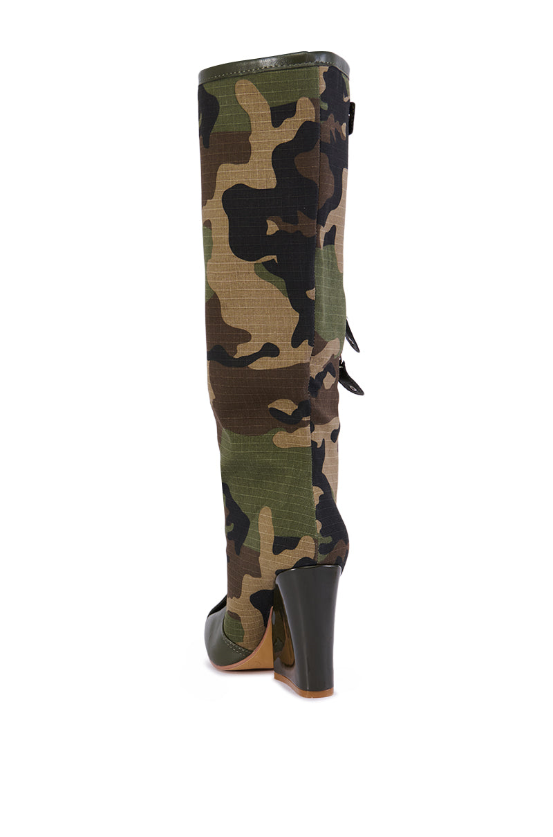 REPORTING FOR DUTY SENNA CAMO WEDGE HEEL BOOT