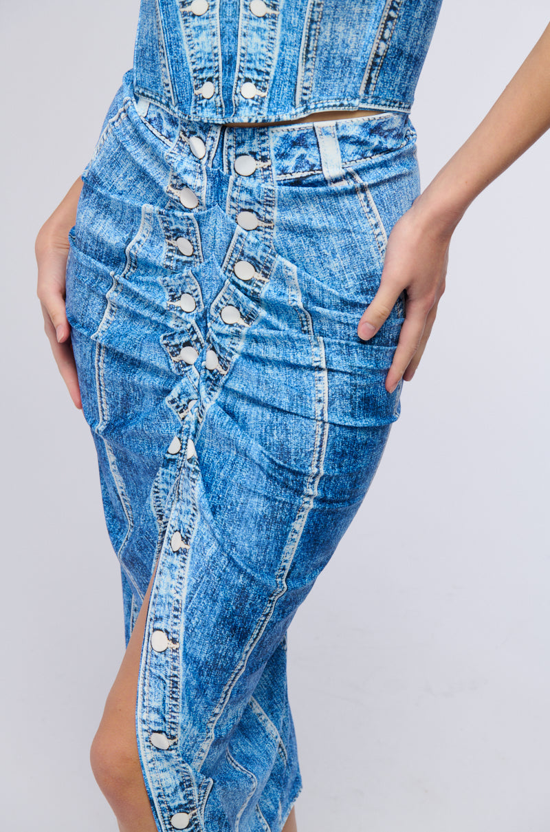 DAY DREAMING DENIM PRINTED MIDI SKIRT