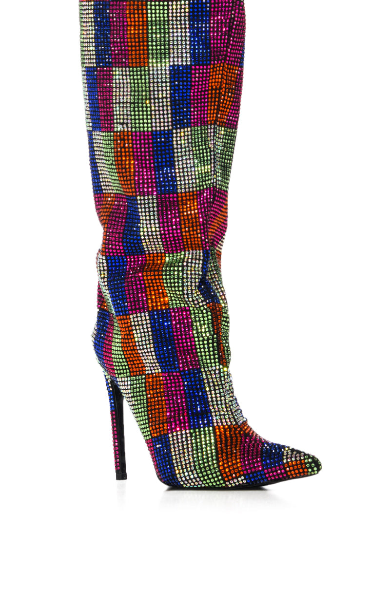 AZALEA WANG BELEN MULTI CHECKERBOARD RHINESTONE DETAIL BOOT