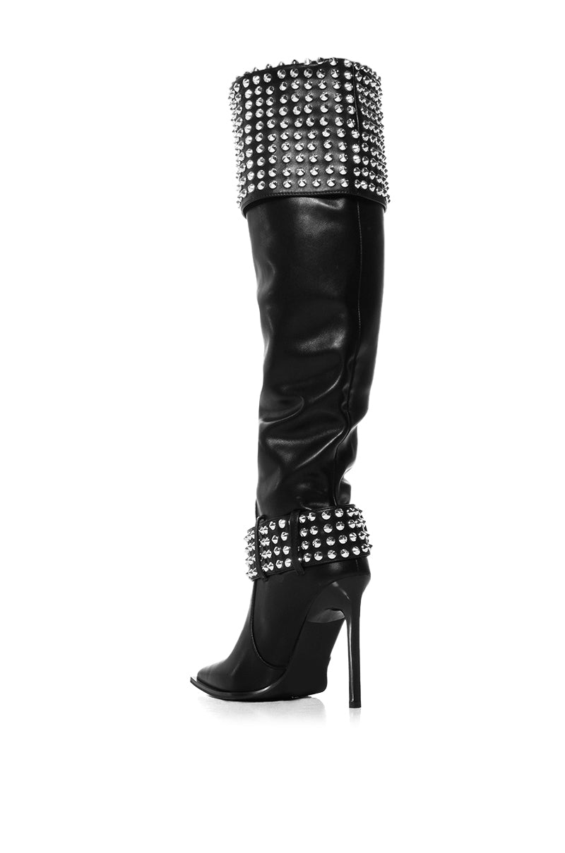 AZALEA WANG MARLENA SILVER STUDDED BLACK BOOT