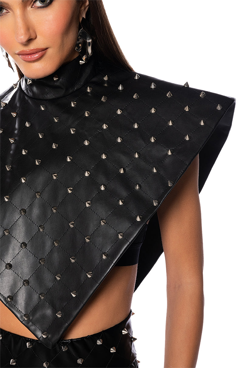 ARIA FAUX LEATHER STUD MOCK NECK TRIANGLE BLOUSE