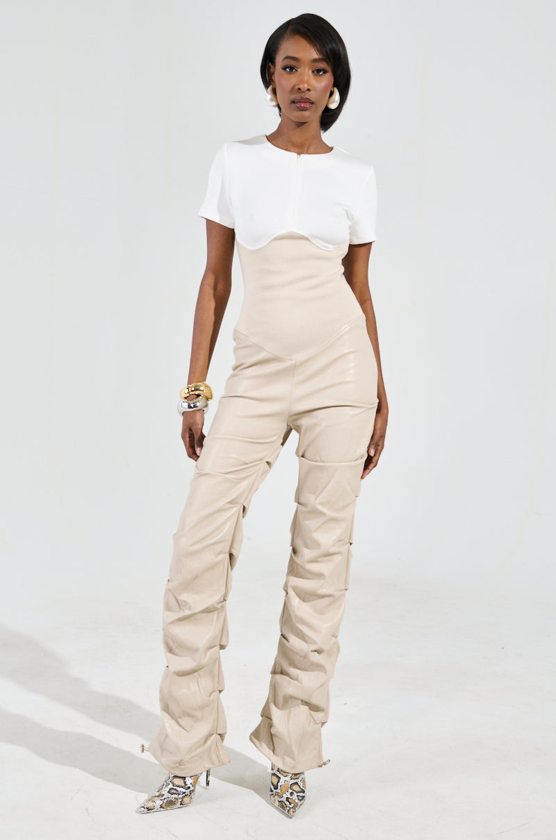 CHARLI STACKED PU JUMPSUIT IN IVORY