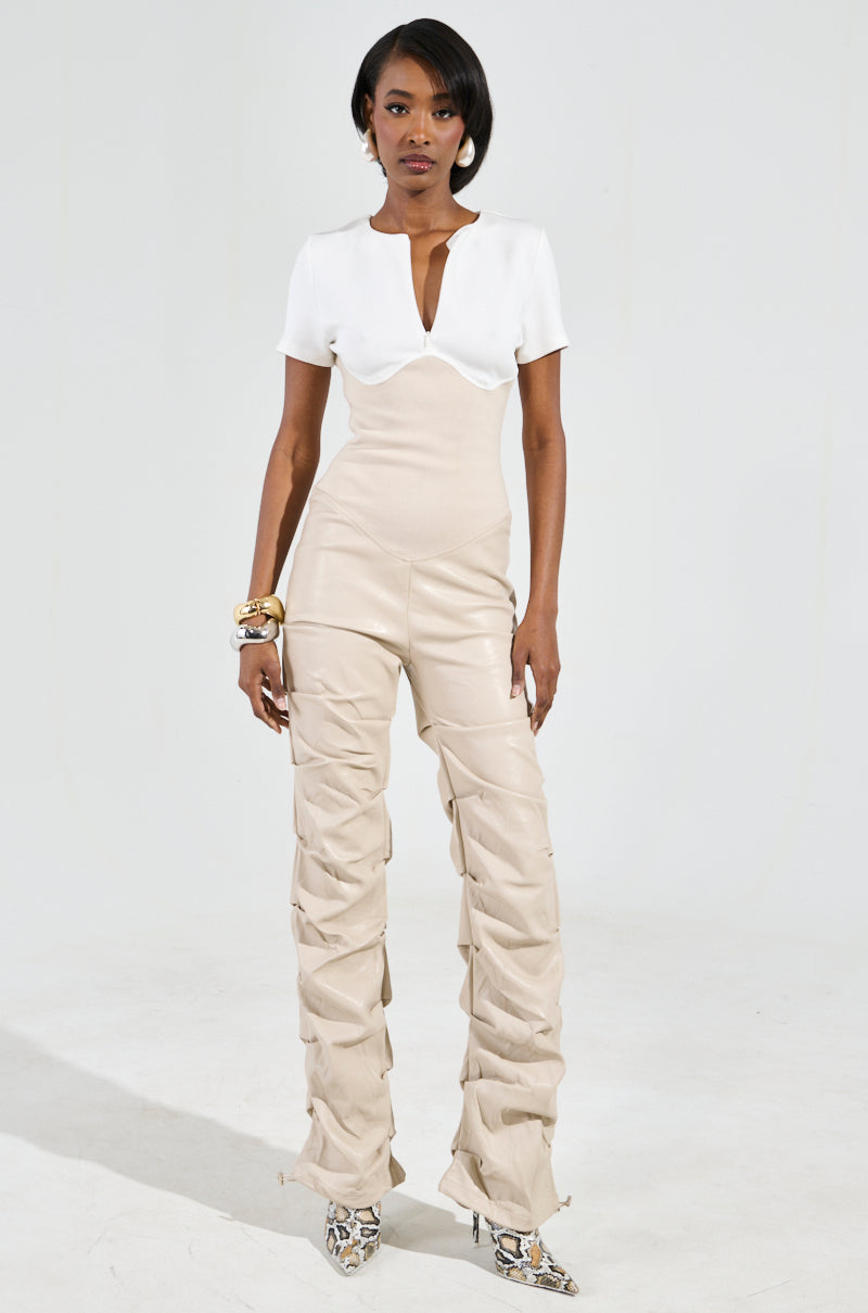 CHARLI STACKED PU JUMPSUIT IN IVORY