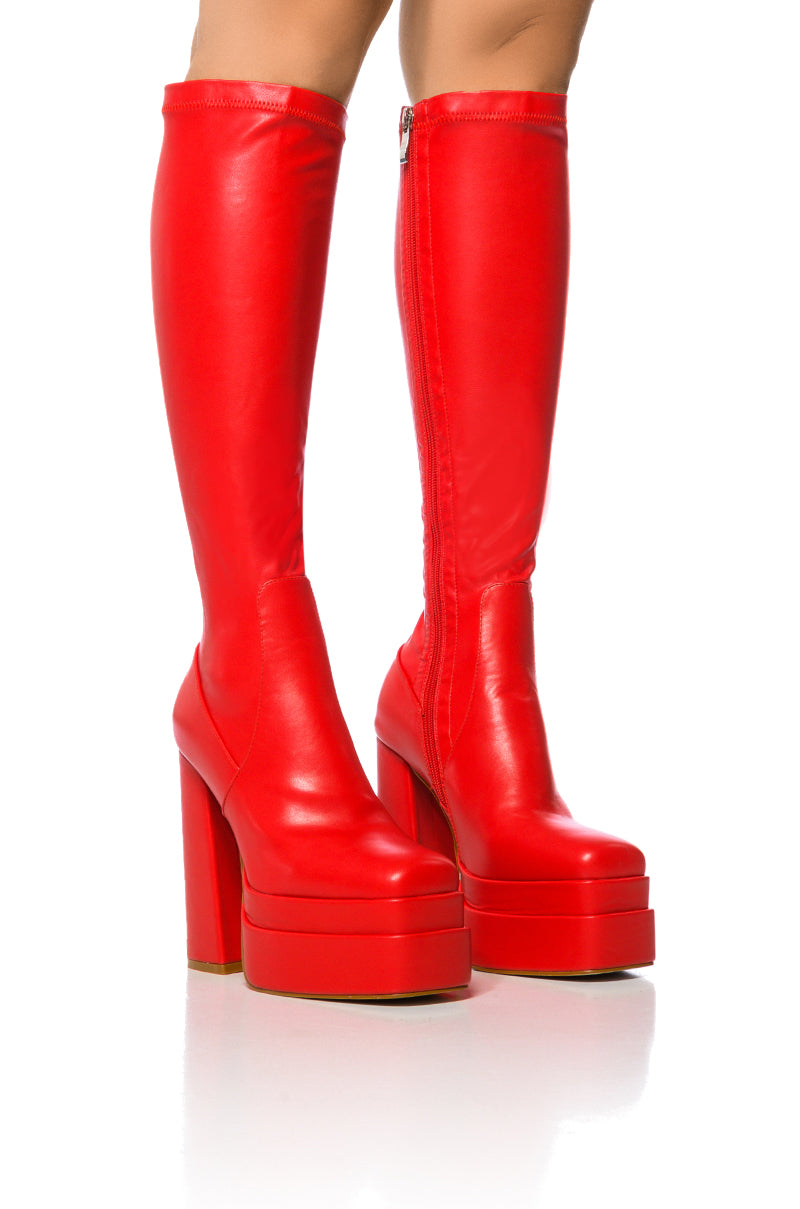 AZALEA WANG MAXINE STRETCH CHUNKY BOOT IN RED