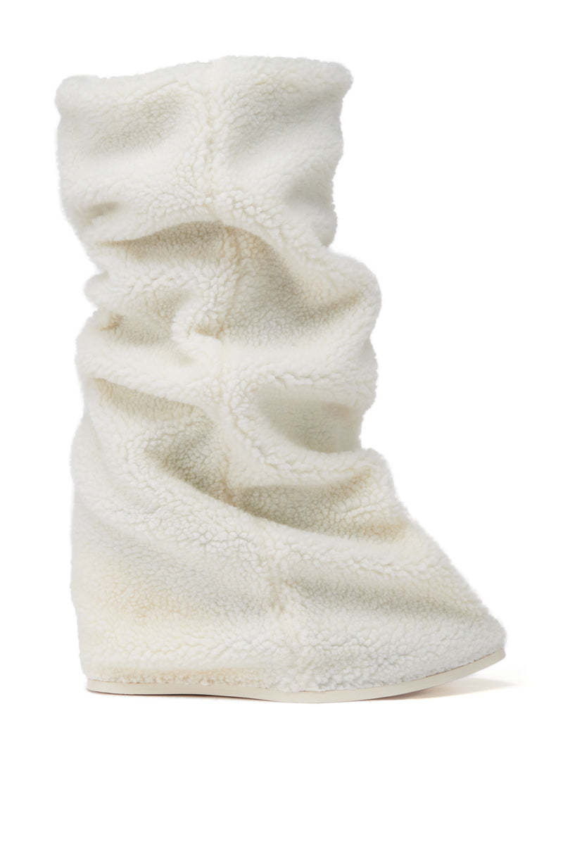 AZALEA WANG MARCELLE WHITE SHERPA WEDGE BOOT