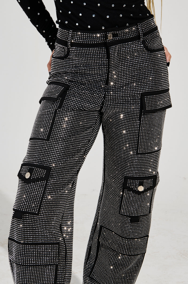 AMMO BONNE SOIREE RHINESTONE CARGO PANTS IN BLACK