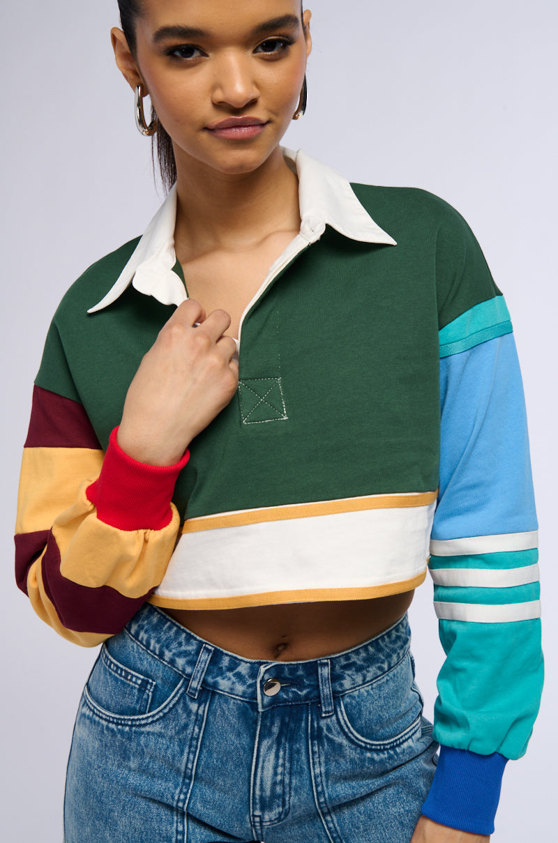 VARSITY LETTER LONG SLEEVE CROPPED POLO SHIRT