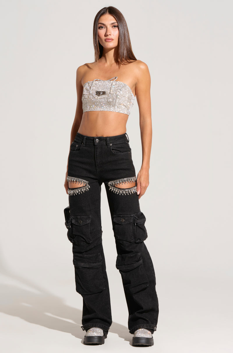 CALLING THE SHOTS CARGO DENIM WITH RHINESTONES IN BLACK