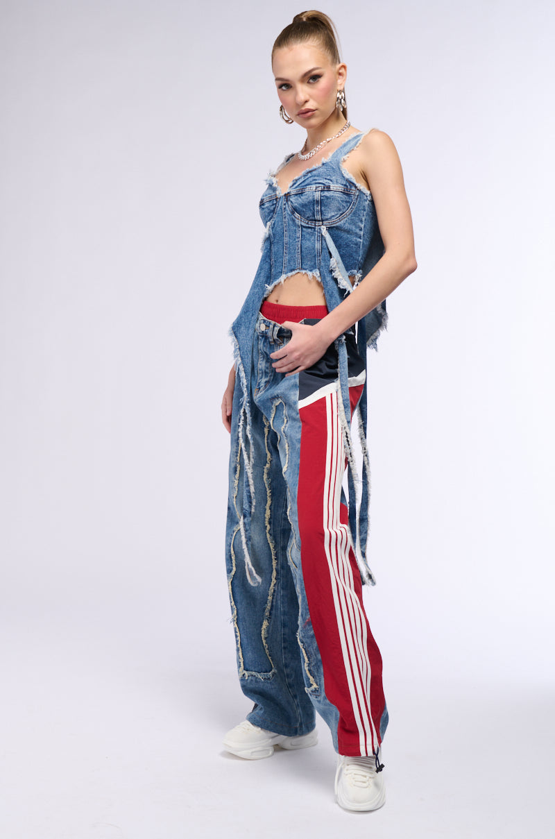 ALL AROUND THE WORLD PATCHWORK DENIM JOGGER PANT IN RED MULTI