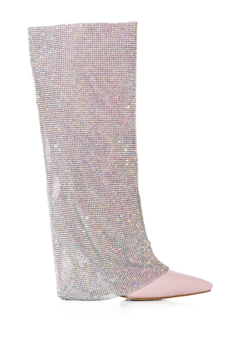 AZALEA WANG RHYANN RHINESTONE CHAINMAIL DRAPE BOOT IN PINK