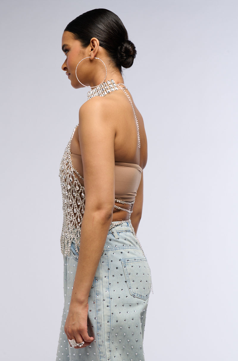 LOREN RHINESTONE HALTER NECK TOP IN SILVER