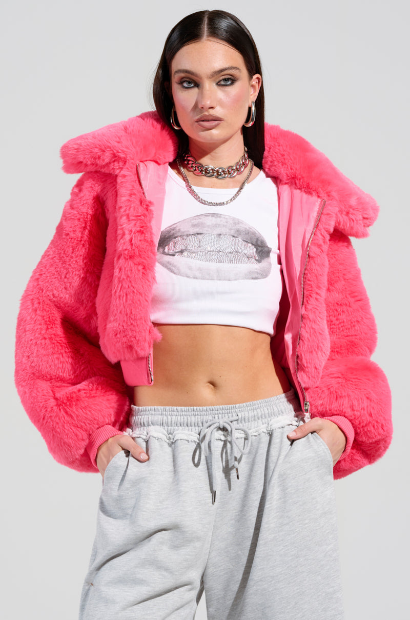 DREW FAUX FUR BOMBER IN HOT PINK