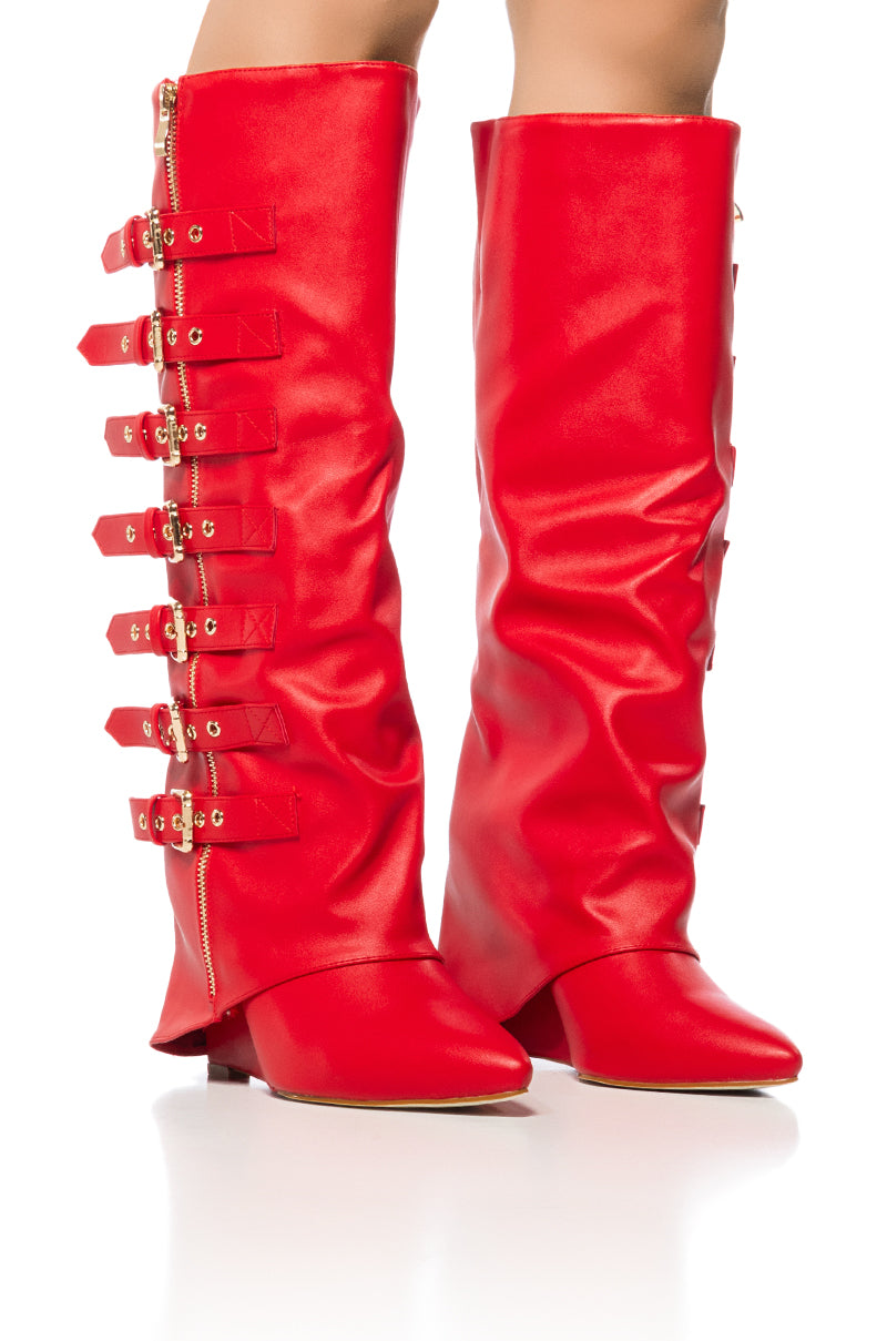 AZALEA WANG RISNA RED BUCKLE DETAIL BOOT