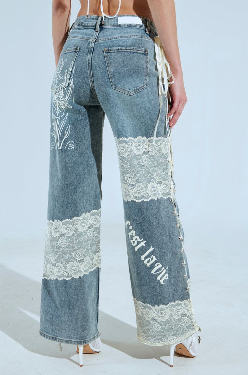 FEMME FATALE PRINTED AND LACE UP DETAIL DENIM JEANS