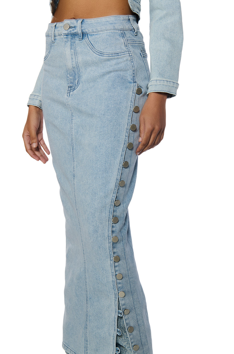 BRITNEY SIDE BUTTON DOWN DENIM MAXI SKIRT