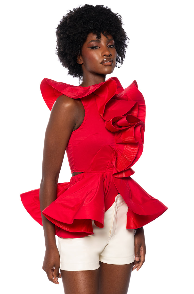 MISS FASHIONISTA SLEEVELESS RUFFLE PEPLUM BLOUSE IN RED