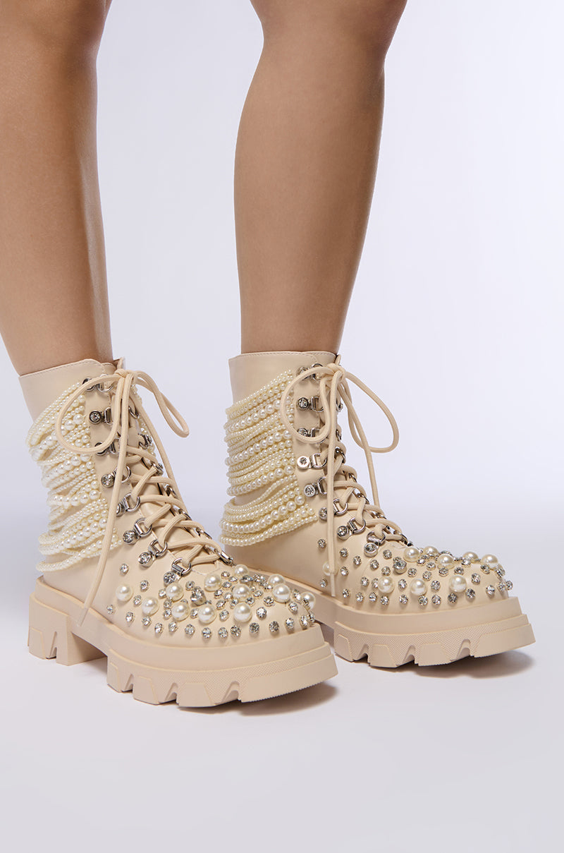 AZALEA WANG TWINKLEY BONE PEARL EMBELLISHED COMBAT BOOTIE