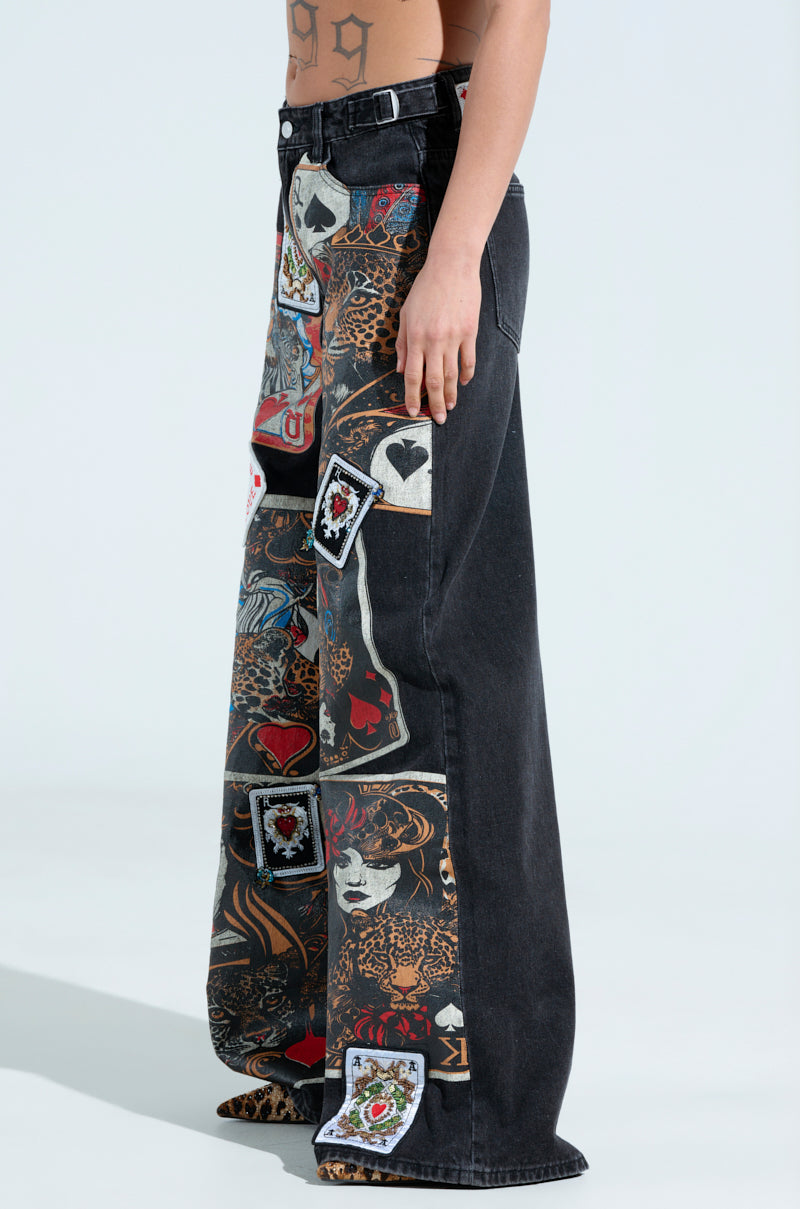 QUEEN OF HEARTS PRINTED AND EMBELLISHED DENIM PANTS