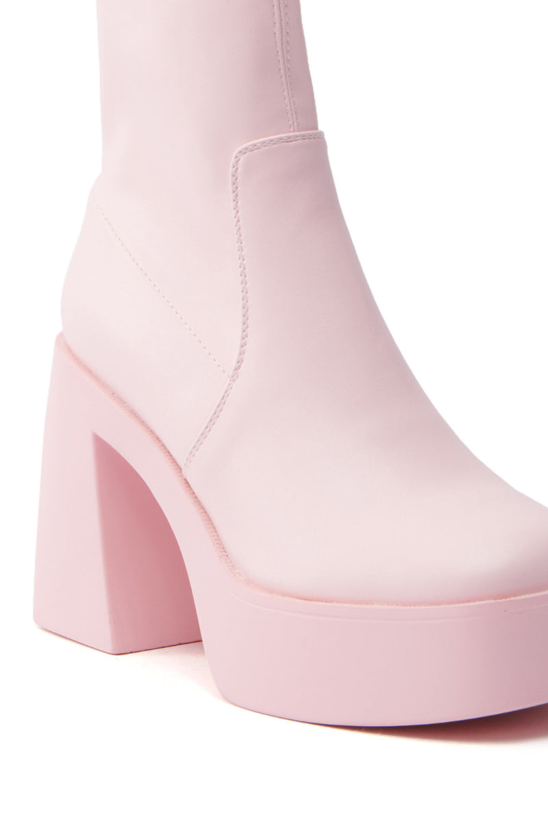 AZALEA WANG DANIELLE BABY PINK STRETCH PU CHUNKY HEEL BOOTIE