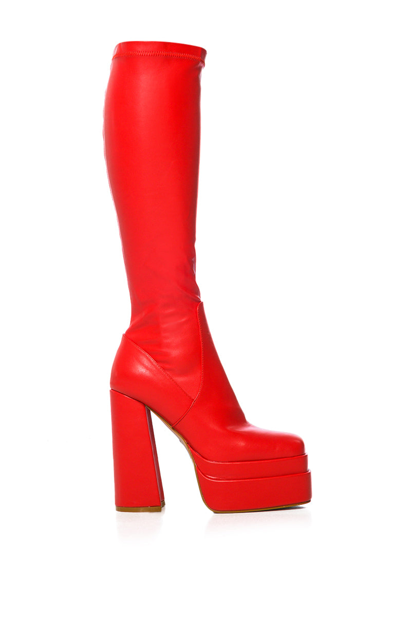 AZALEA WANG MAXINE STRETCH CHUNKY BOOT IN RED