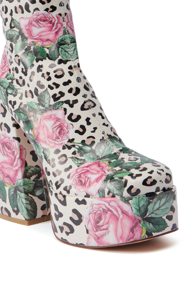 AZALEA WANG HADLEIGH LEOPARD AND FLORAL PLATFORM BOOTIE