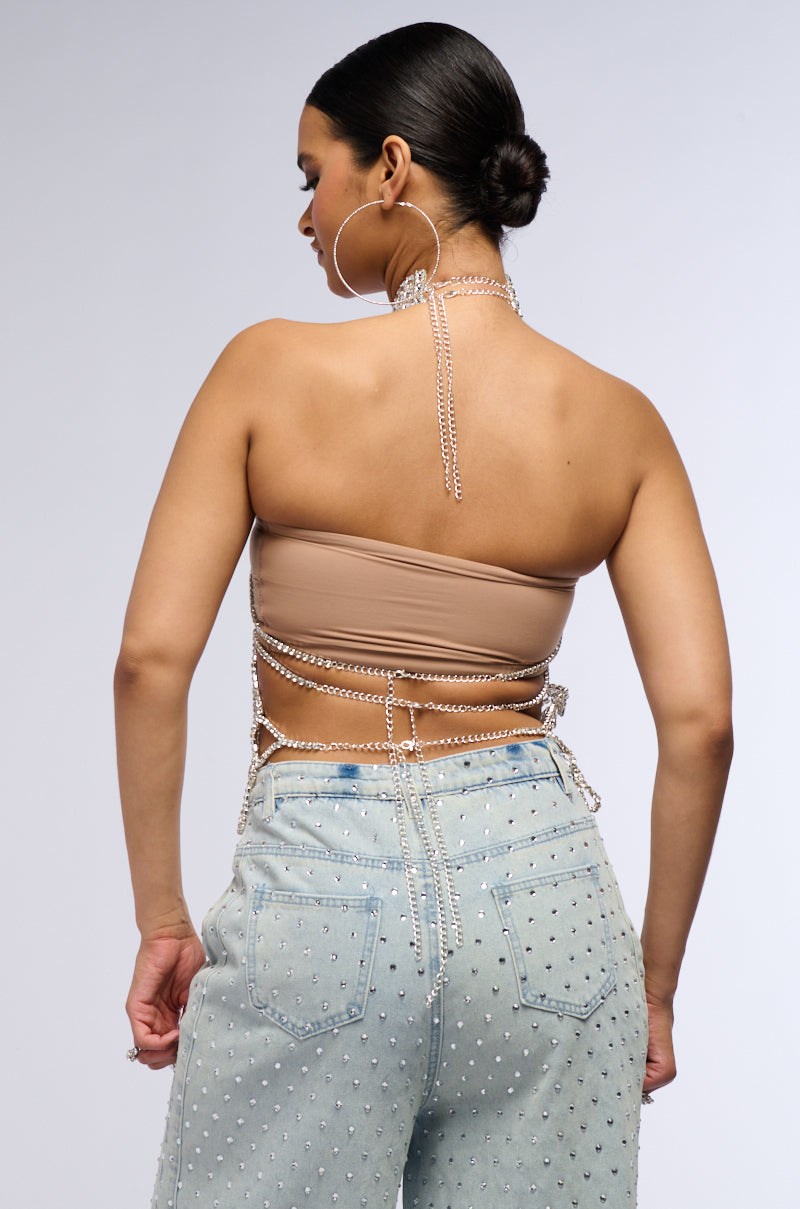 LOREN RHINESTONE HALTER NECK TOP IN SILVER