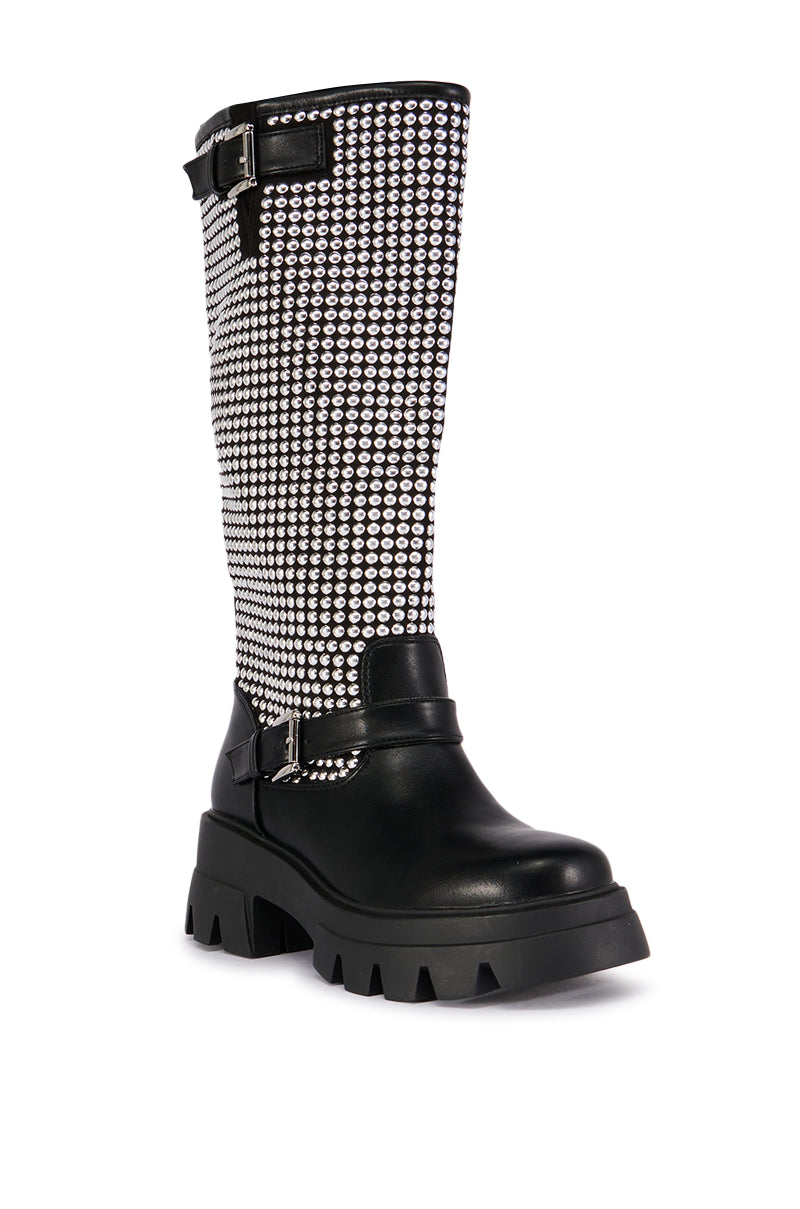 AZALEA WANG WIMBELDON STUD EMBELLISHED FLATFORM BOOT IN BLACK