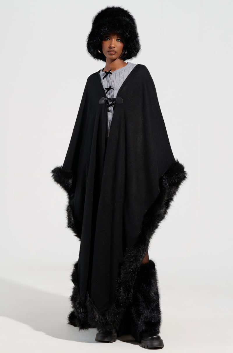 LOVE MY LIFE FAUX FUR TRIM PONCHO