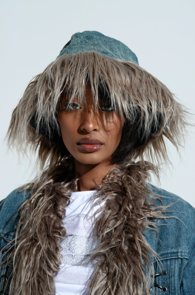 SADE FUR TRIM DENIM BUCKET HAT