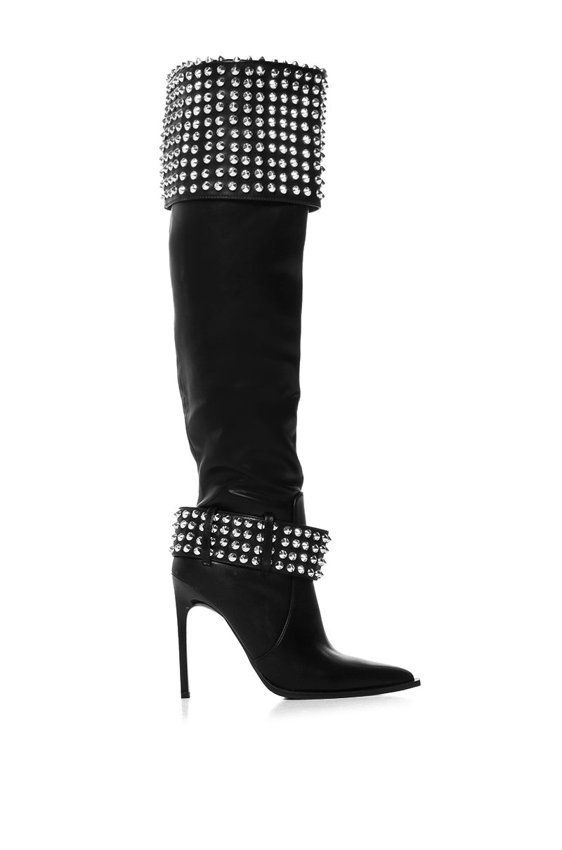 AZALEA WANG MARLENA SILVER STUDDED BLACK BOOT