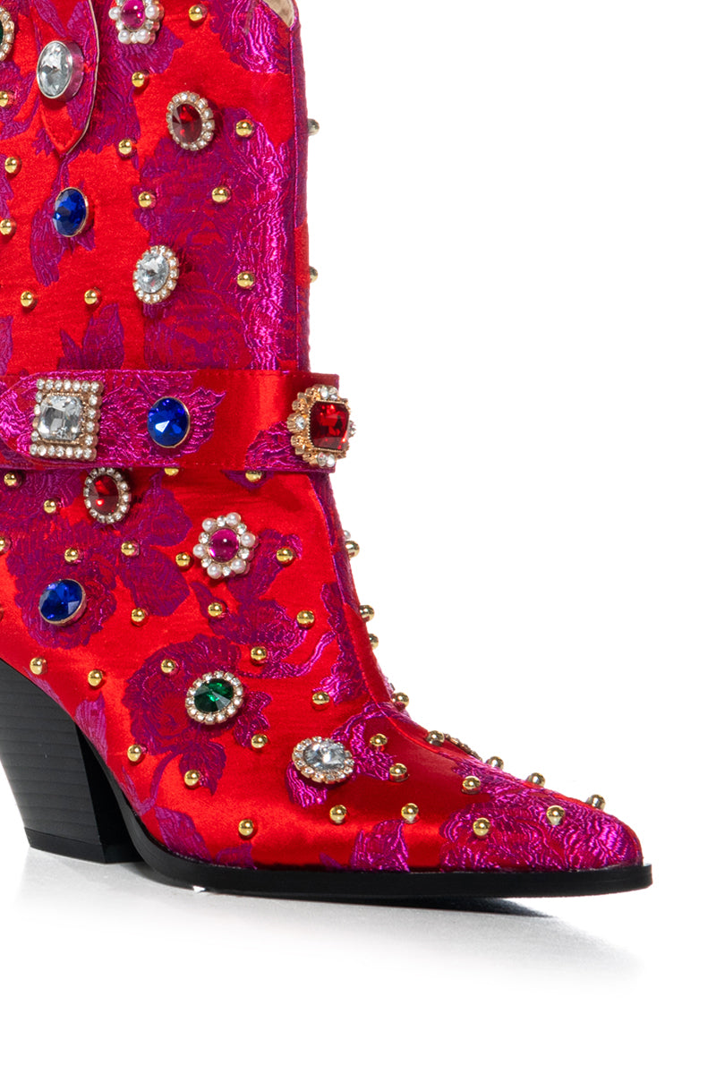 AZALEA WANG DILIGENT RED BROCADE AND GEMS WESTERN BOOTIE