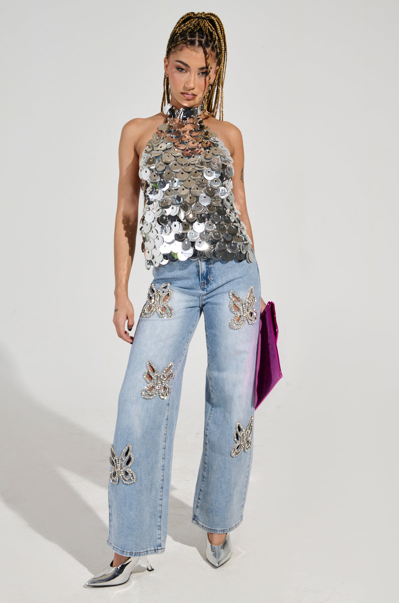 RHINESTONE BUTTERFLY CUTOUT DENIM JEANS