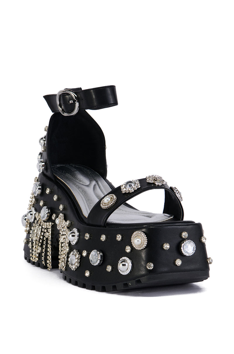 AZALEA WANG JONANN BLACK EMBELLISHED CHUNKY HEEL PLATFORM SANDAL