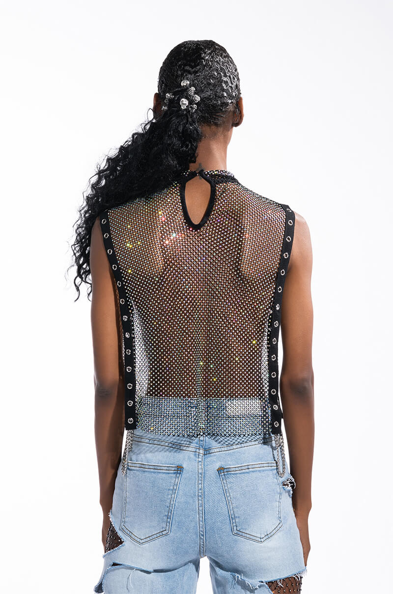 TEARS IN THE CLUB OPEN SIDES MOCK NECK RHINESTONE MESH BLOUSE