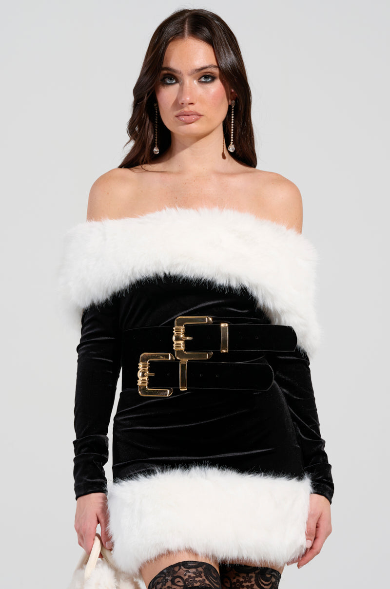 OH BABY VELVET MINI DRESS WITH FUR TRIM