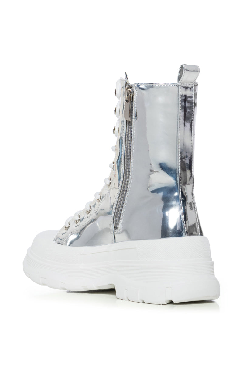 AZALEA WANG KHAZA SILVER MIRROR LACE UP COMBAT BOOTIE