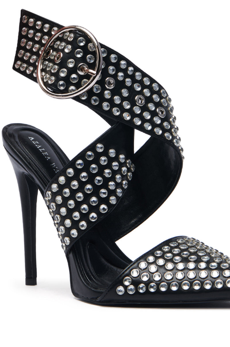 AZALEA WANG SALVIA BLACK RHINESTONE BELTED PUMP