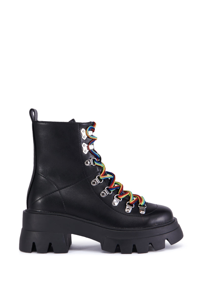 AZALEA WANG BRACKEN BLACK FLATFORM BOOTIE WITH RAINBOW LACES