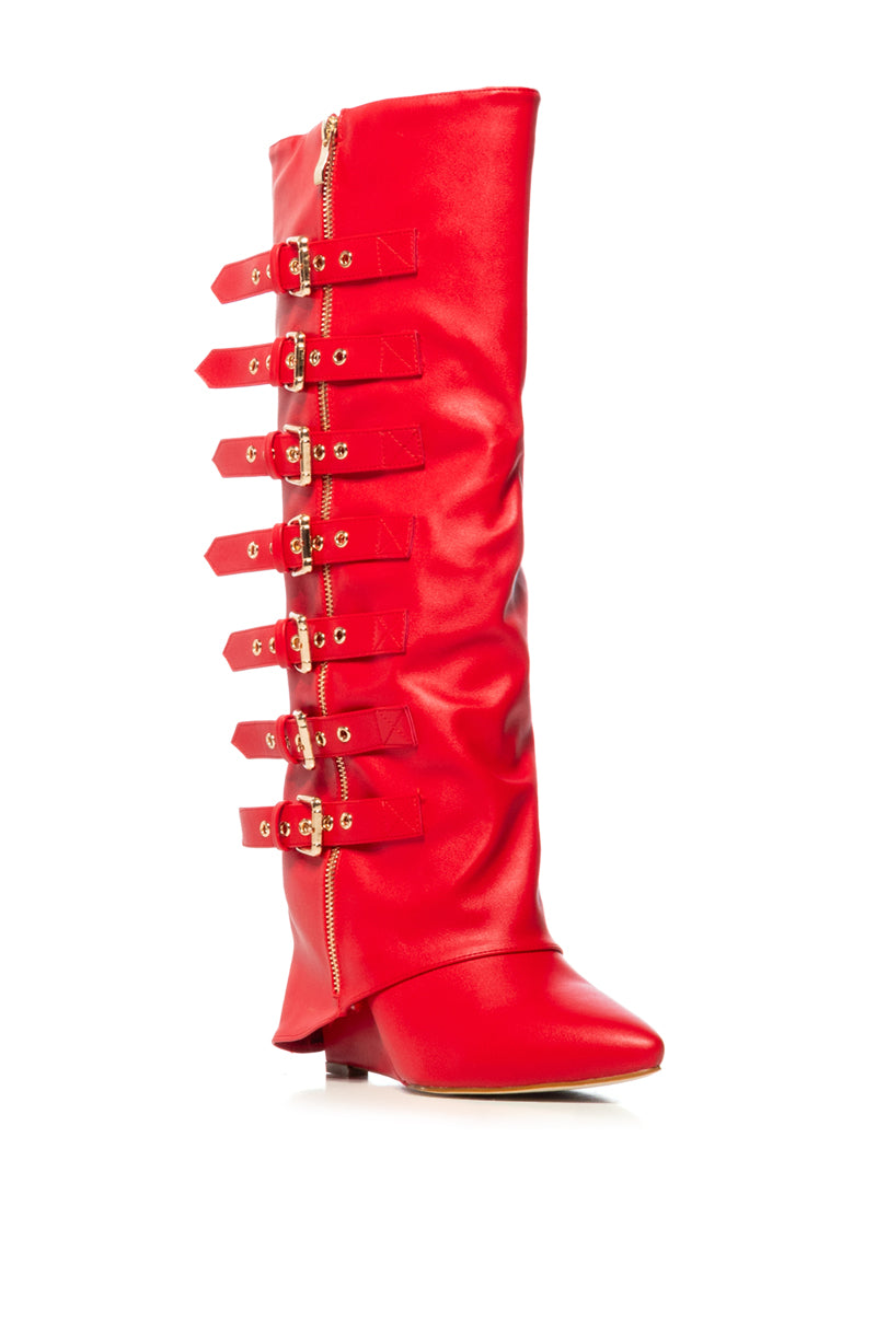 AZALEA WANG RISNA RED BUCKLE DETAIL BOOT