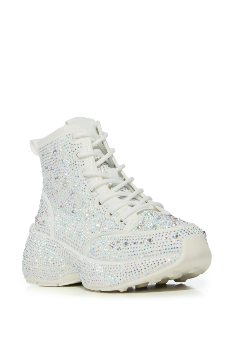 QUEENDOM WHITE HIGH TOP RHINESTONE SNEAKER