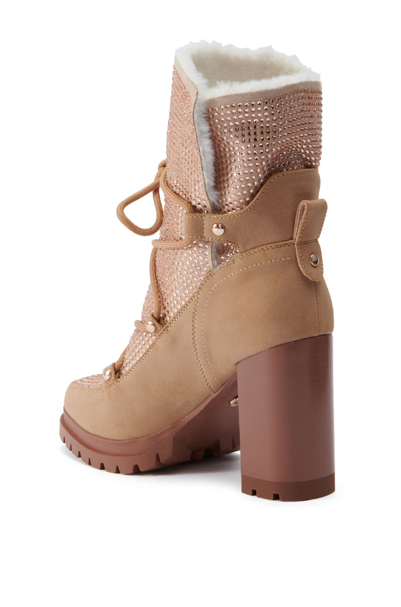 AZALEA WANG TWILLA EMBELLISHED TAN CHUNKY BOOTIE