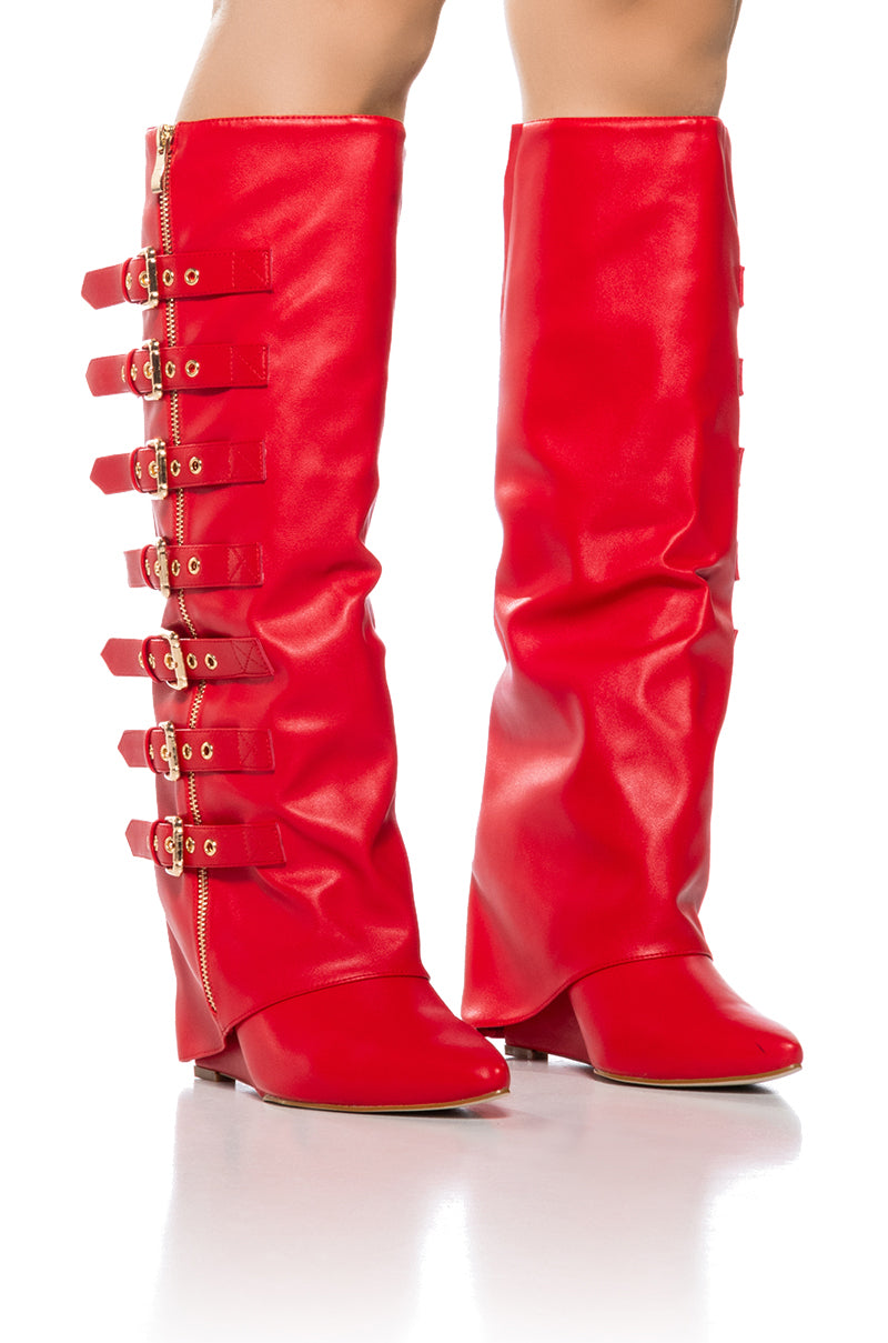 AZALEA WANG RISNA RED BUCKLE DETAIL BOOT