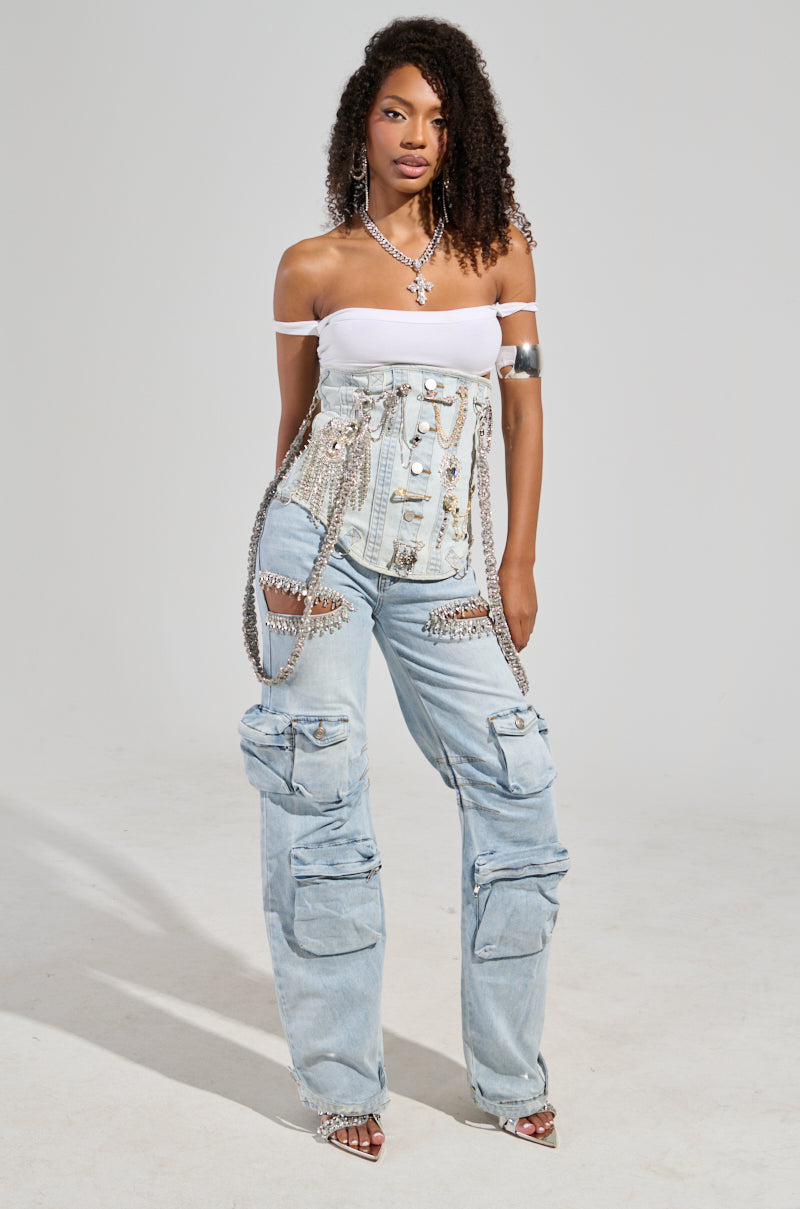 CALLING THE SHOTS CARGO DENIM WITH RHINESTONES