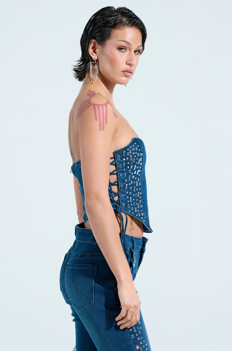 ROCKSTAR DENIM RHINESTONE CORSET TOP