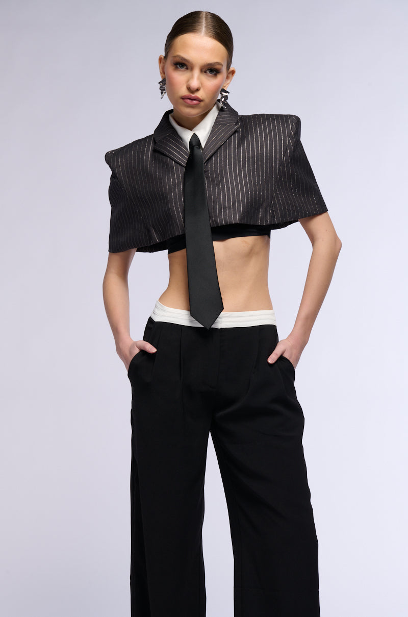 BEST IN BUSINESS PINSTRIPE CROP TIE TOP